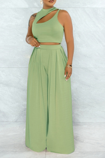 Fruit Green Casual Solid Hollowed Out O Neck Sleeveless Two Pieces