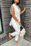 White Fashion Casual Solid Cardigan Pants Turndown Collar Sleeveless Two Pieces