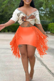 Tangerine Red Sexy Solid Tassel Bandage Hollowed Out Patchwork Regular Mid Waist Pencil Solid Color Bottoms