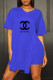 Blue Fashion Casual Print Letter V Neck Short Sleeve Two Pieces