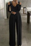 Black Sexy Solid Patchwork Hot Drill Asymmetrical Collar Straight Jumpsuits