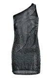 Apricot Fashion Sexy Patchwork Hot Drilling Backless One Shoulder Sleeveless Dress Dresses
