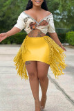 Yellow Sexy Solid Tassel Bandage Hollowed Out Patchwork Regular Mid Waist Pencil Solid Color Bottoms