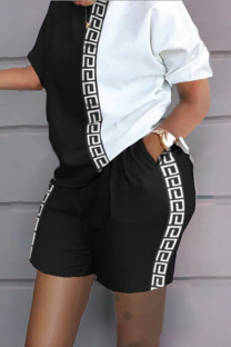 Black And White Casual Print Split Joint O Neck Short Sleeve Two Pieces