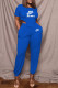 Blue Fashion Sportswear Print Letter O Neck Short Sleeve Two Pieces