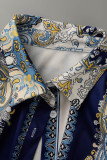 Multicolor Casual Print Patchwork Buckle Turndown Collar Tops