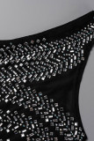 Apricot Fashion Sexy Patchwork Hot Drilling Backless One Shoulder Sleeveless Dress Dresses