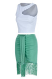 White Green Fashion Sexy Solid Tassel Patchwork Asymmetrical O Neck Sleeveless Two Pieces