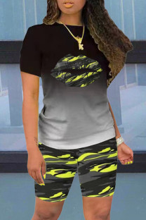 Fluorescent Green Fashion Casual Lips Printed Basic O Neck Short Sleeve Two Pieces