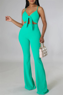 Light Green Fashion Sexy Solid Hollowed Out Backless Spaghetti Strap Skinny Jumpsuits