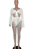White Sexy Solid Patchwork See-through Off the Shoulder Long Sleeve Two Pieces