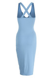 Light Blue Sexy Casual Letter Print Basic U Neck Vest Dress Dresses