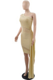 Yellow Fashion Sexy Solid Patchwork See-through Backless Oblique Collar Evening Dress
