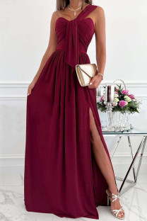 Burgundy Fashion Sexy Solid Split Joint Backless Slit One Shoulder Evening Dress Dresses