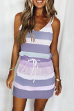 Baby Blue Fashion Casual Striped Split Joint V Neck A Line Dresses