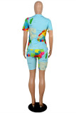 Pink Fashion Casual Print Basic O Neck Short Sleeve Two Pieces
