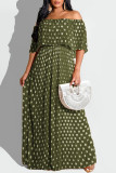 Army Green Fashion Casual Dot Print Patchwork Backless Off the Shoulder Long Dress