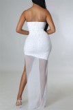 White Fashion Sexy Patchwork Hot Drilling Backless Strapless Sleeveless Dress