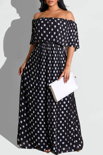 Black Fashion Casual Dot Print Split Joint Backless Off the Shoulder Long Dress