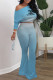 Baby Blue Fashion Sexy Gradual Change Letter Oblique Collar Long Sleeve Two Pieces