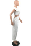 White Fashion Sexy Solid Hollowed Out Slit V Neck Short Sleeve Dress