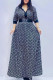 Dark Blue Fashion Elegant Print Letter Turndown Collar Shirt Dress Dresses (Without Belt)