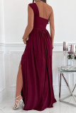Burgundy Fashion Sexy Solid Patchwork Backless Slit One Shoulder Evening Dress Dresses