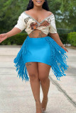 Light Blue Sexy Solid Tassel Bandage Hollowed Out Patchwork Regular Mid Waist Pencil Solid Color Bottoms
