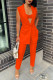 Tangerine Red Fashion Casual Solid Cardigan Pants Turndown Collar Sleeveless Two Pieces