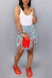 Rose Red Casual Street Solid Tassel Make Old Patchwork Hot Drill High Waist Denim Shorts