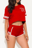 Red Fashion Casual Solid Embroidered O Neck Short Sleeve Two Pieces