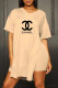 Apricot Fashion Casual Print Letter V Neck Short Sleeve Two Pieces