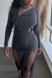 Dark Gray Fashion Sexy Solid Hollowed Out Slit V Neck Long Sleeve Dresses