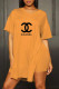 Orange Fashion Casual Print Letter V Neck Short Sleeve Two Pieces