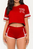 Red Fashion Casual Solid Embroidered O Neck Short Sleeve Two Pieces