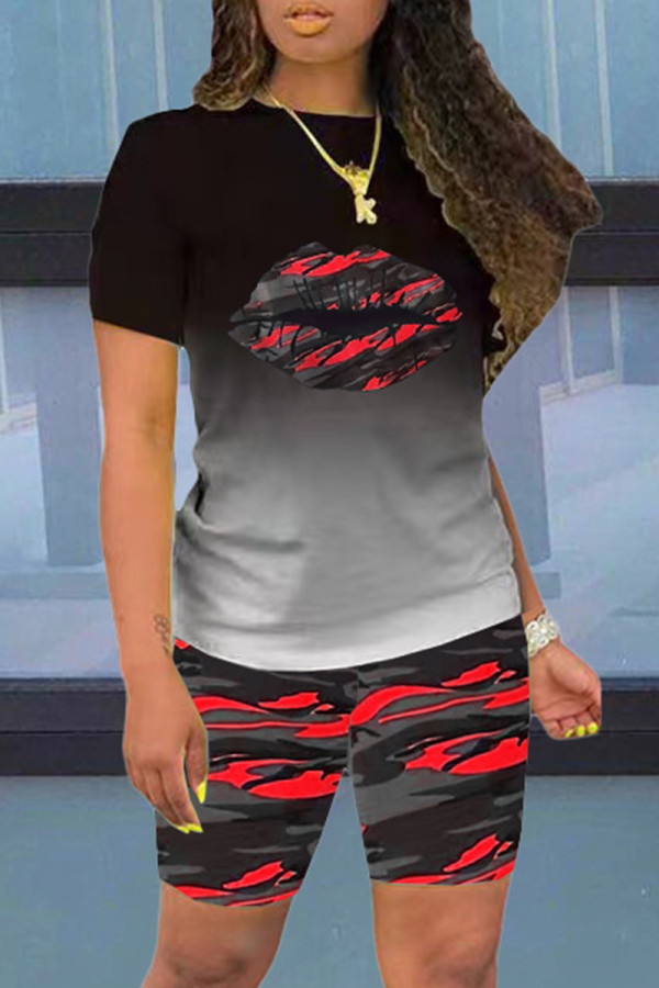 Red Fashion Casual Lips Printed Basic O Neck Short Sleeve Two Pieces