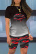 Red Fashion Casual Lips Printed Basic O Neck Short Sleeve Two Pieces