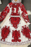 Red Fashion Print Patchwork Half A Turtleneck Cake Skirt Dresses
