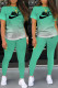 Light Green Fashion Casual Gradual Change Letter O Neck Short Sleeve Two Pieces