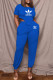 Blue Fashion Sportswear Print Letter O Neck Short Sleeve Two Pieces