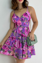 Purple Sweet Print Patchwork Spaghetti Strap Sling Dress Dresses