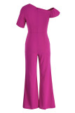 Purple Fashion Casual Solid Patchwork Oblique Collar Regular Jumpsuits