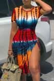 Colour Fashion Casual Print Draw String Frenulum Beading O Neck Short Sleeve Dress