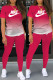 Rose Red Fashion Casual Gradual Change Letter O Neck Short Sleeve Two Pieces