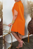 Tangerine Red Casual Solid Split Joint Turndown Collar Shirt Dress Dresses