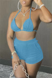 Light Blue Fashion Sexy Solid Bandage Backless Halter Sleeveless Two Pieces