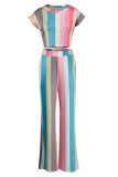 Multicolor Fashion Casual Striped Print Basic O Neck Short Sleeve Two Pieces