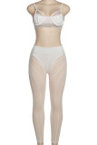 Cream White Sexy Solid Patchwork See-through Spaghetti Strap Sleeveless Two Pieces
