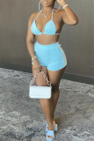 Blue Fashion Sexy Solid Bandage Backless Halter Sleeveless Two Pieces