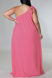Rose Red Casual Solid Bandage Split Joint Oblique Collar Straight Plus Size Dresses